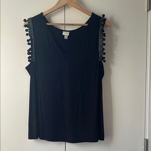 Black Tank Top with embroidered Pom Pom sleeveless detail